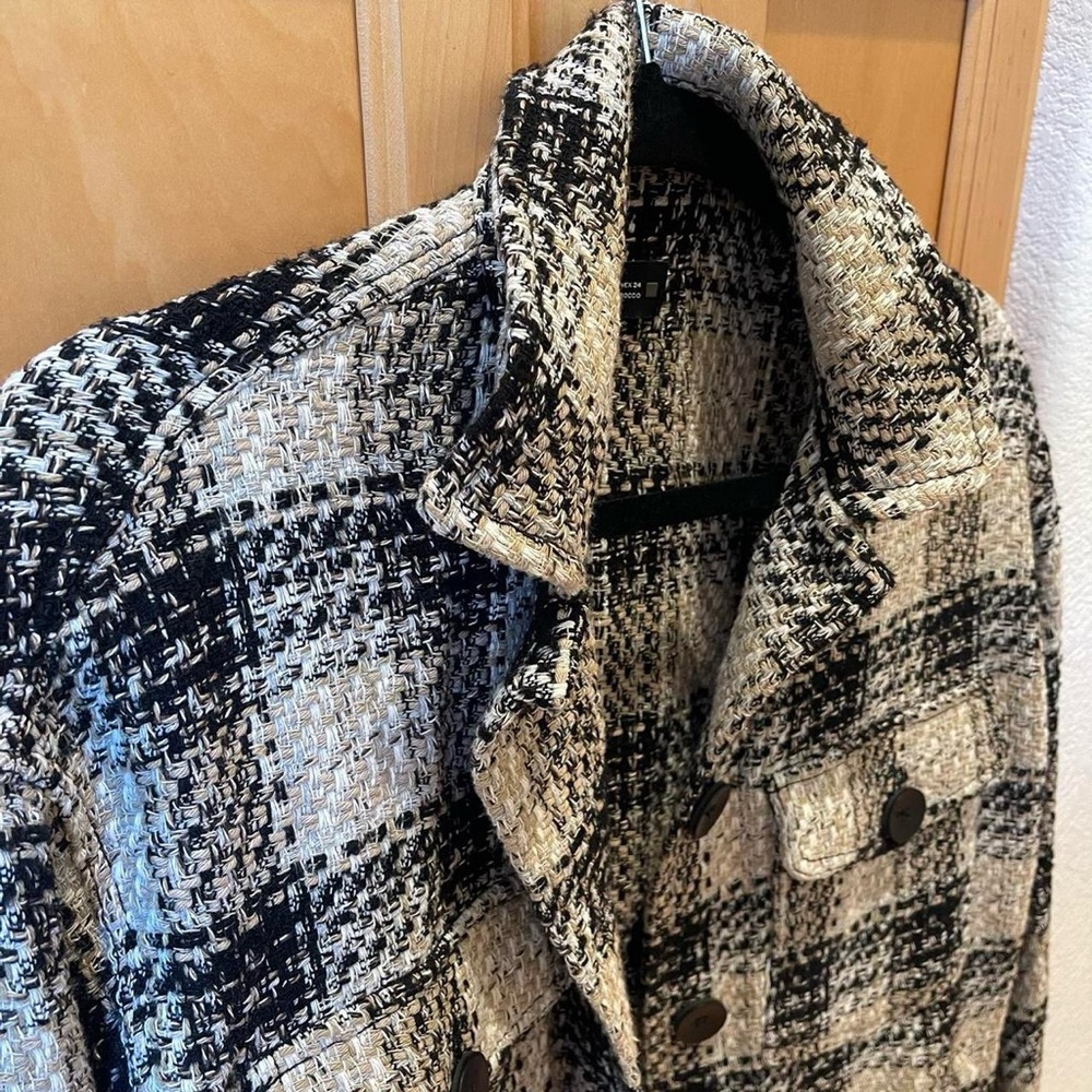 Women’s Zara Textured Plaid Black and White Overshirt Jacket Size XS Extra Small - Picture 4 of 8